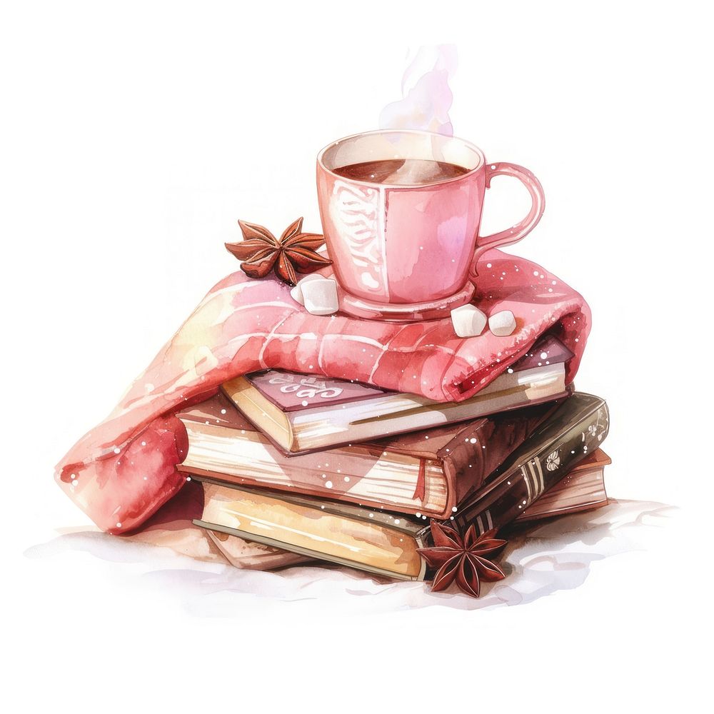 Pink stack of books with hot cocoa illustration beverage drink.