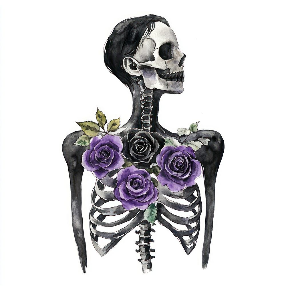 Ribs with purple and black roses illustration watercolor skeleton.