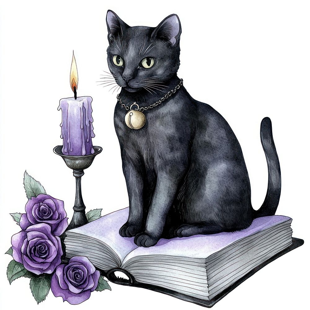 Cat sitting on a book candle cat illustration.