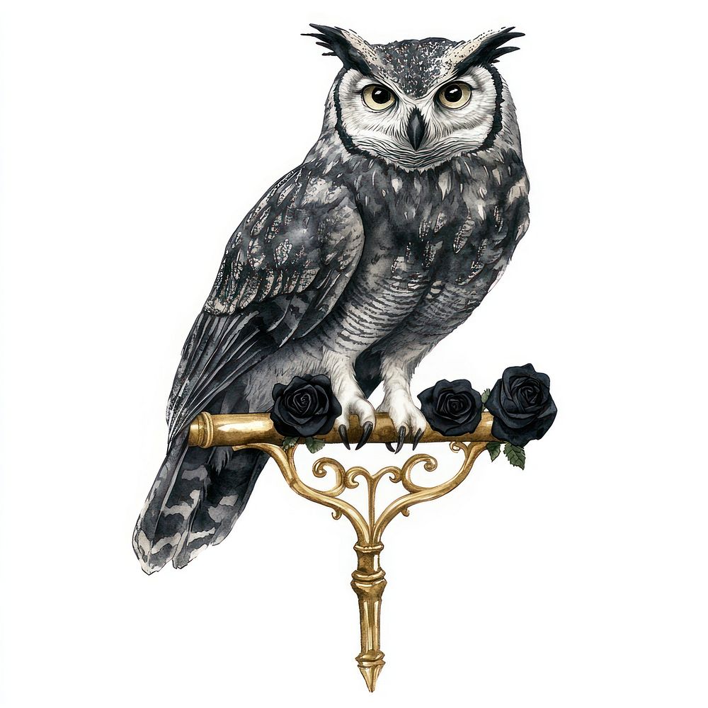 Owl perches on a small Gothic gold Iron Bar with black roses art owl illustration.