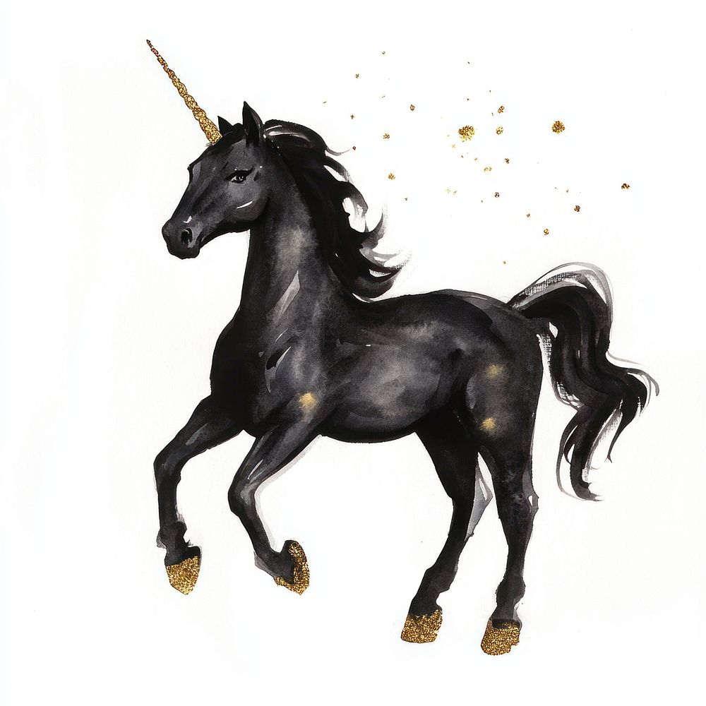 A black unicorn watercolor animal horse.