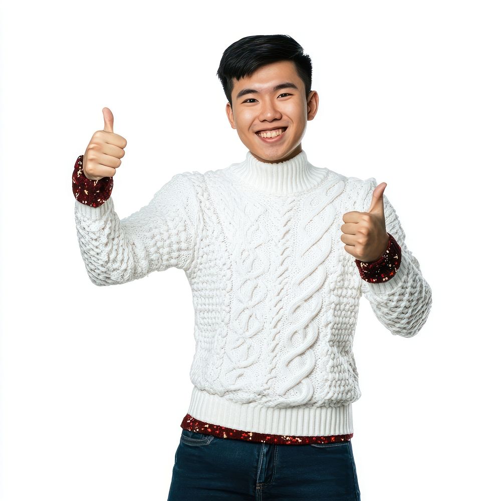 A happy asian doing thumb up background clothing sweater.