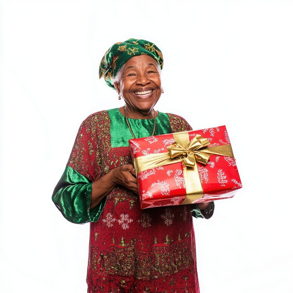 A happy old black woman carry a christmas gift clothing festive human.