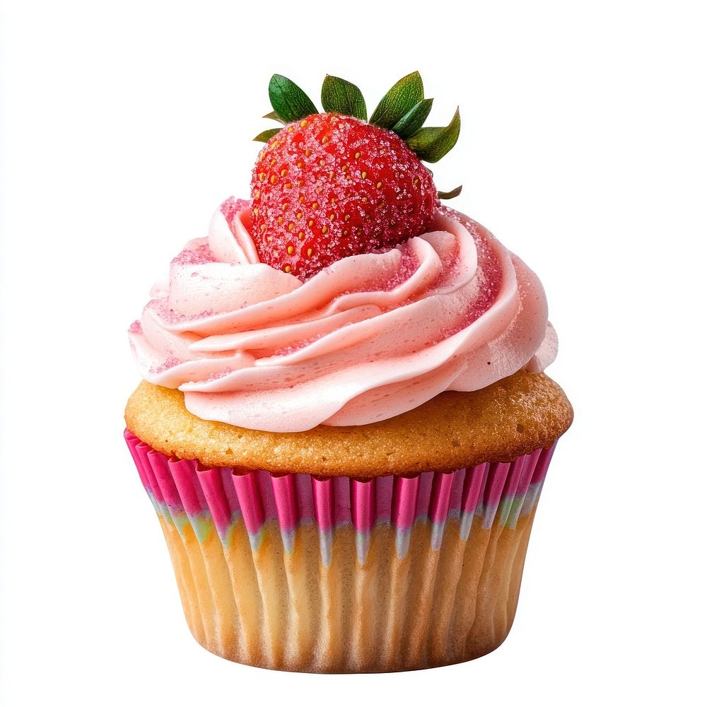 An isolated strawberry cupcake with rainbow sugar dessert food photography.