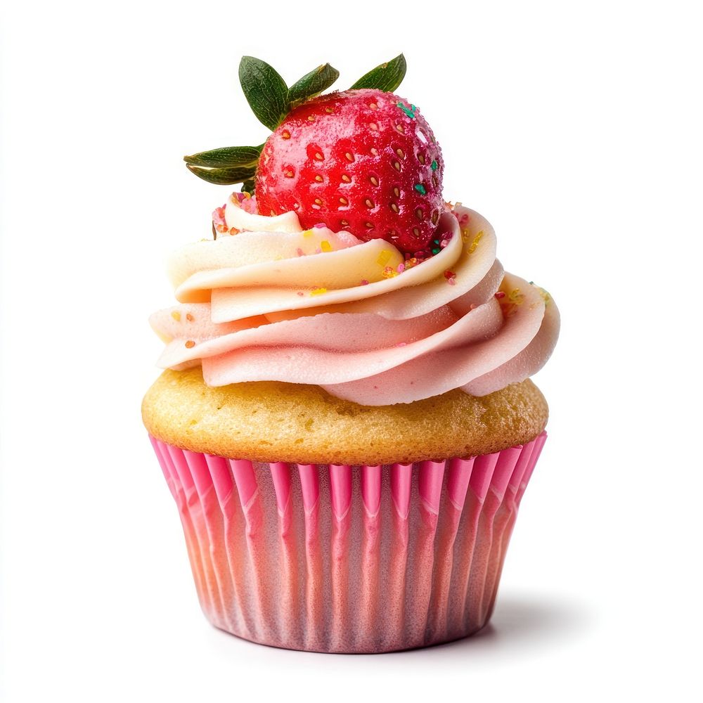 An isolated strawberry cupcake with rainbow sugar dessert food photography.