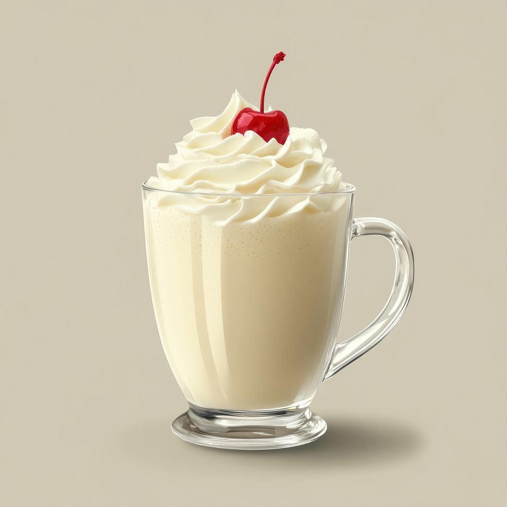 A transparent glass mug of vanila smoothie with whipping cream on top and cherry on top of the whipping cream drink beverage…