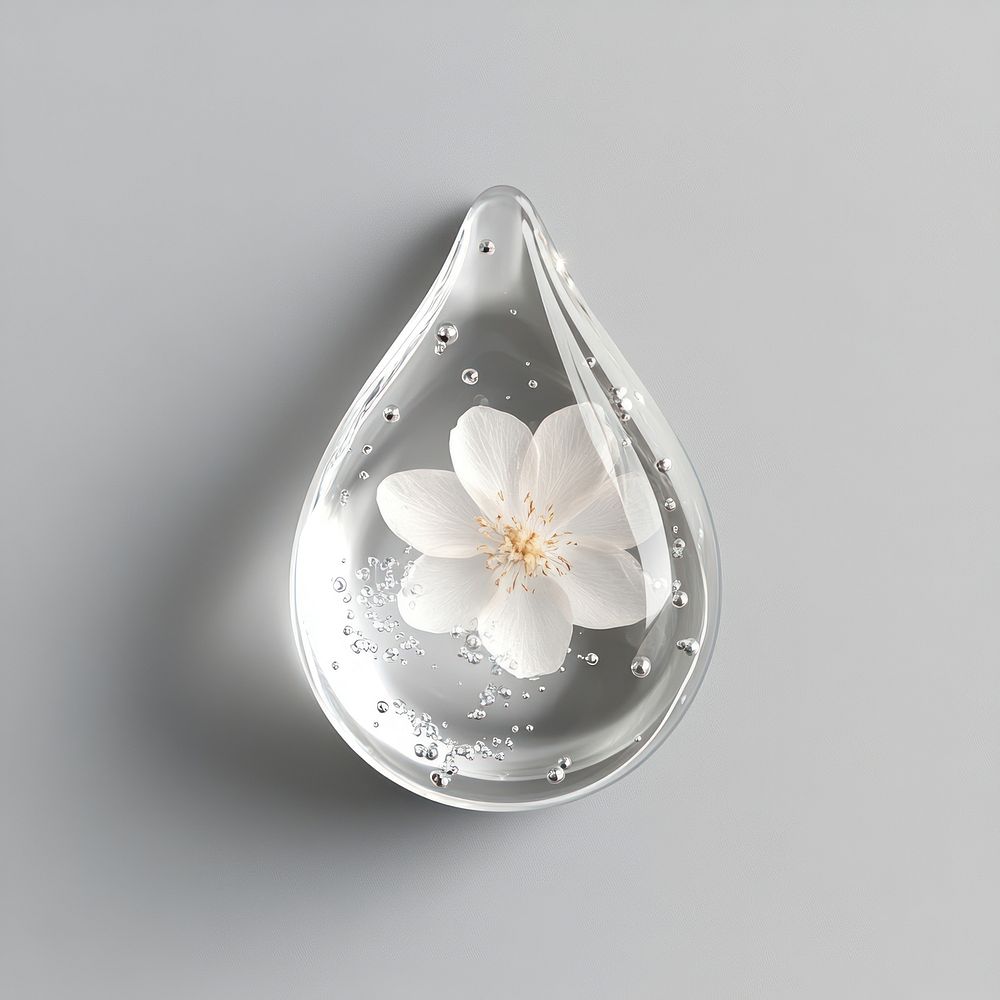 A transparent serum gel toner drop with a flower inside the gel drop droplet accessories chandelier.