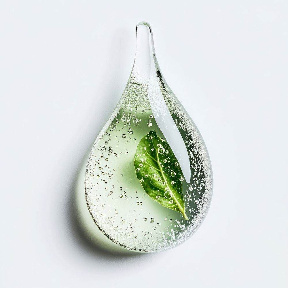 A transparent serum gel toner drop with a Centella Asiatica Leaf inside the gel drop leaf cosmetics skincare.