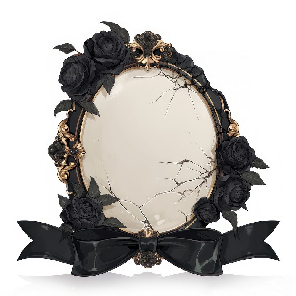 Coquette Antique mirror with cracked glass and black roses antique ribbon style.