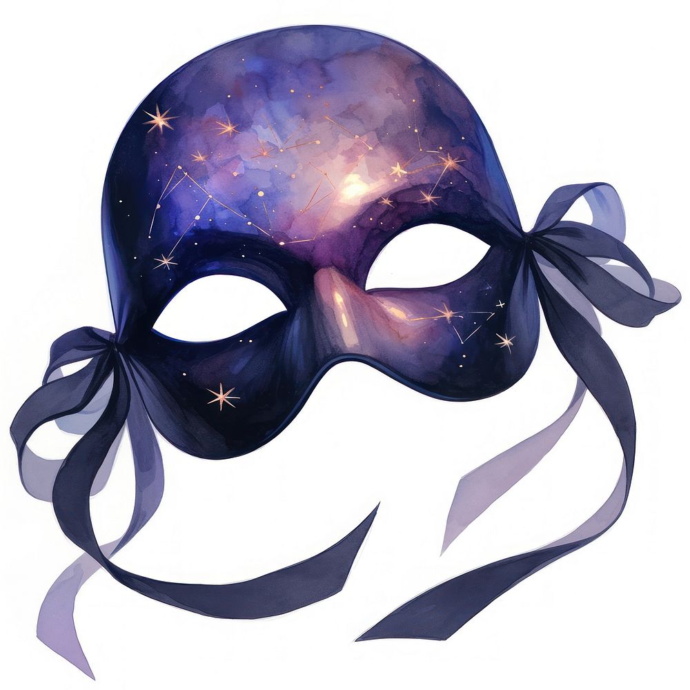 Celestial black Phantom mask with glowing eyes watercolor celestial ribbon.