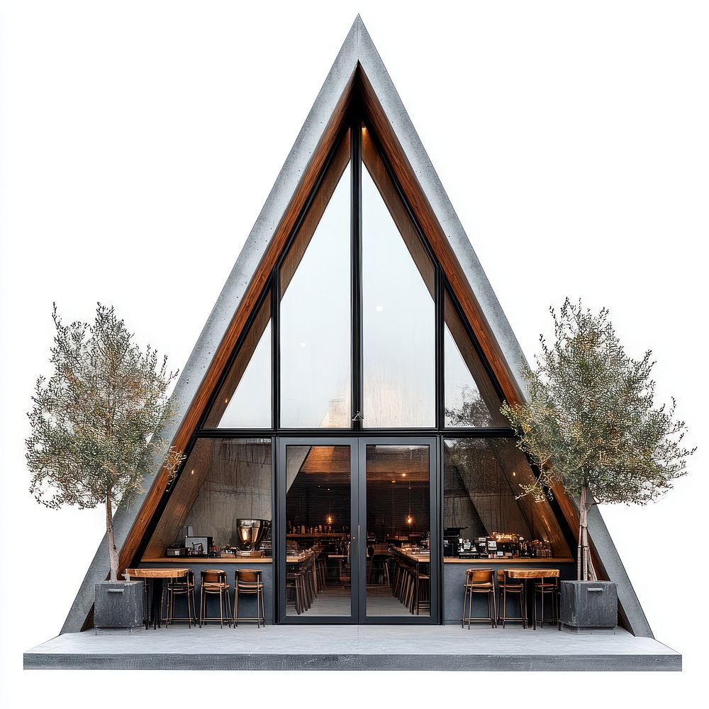 A-frame modern cafe facade architecture restaurant building.