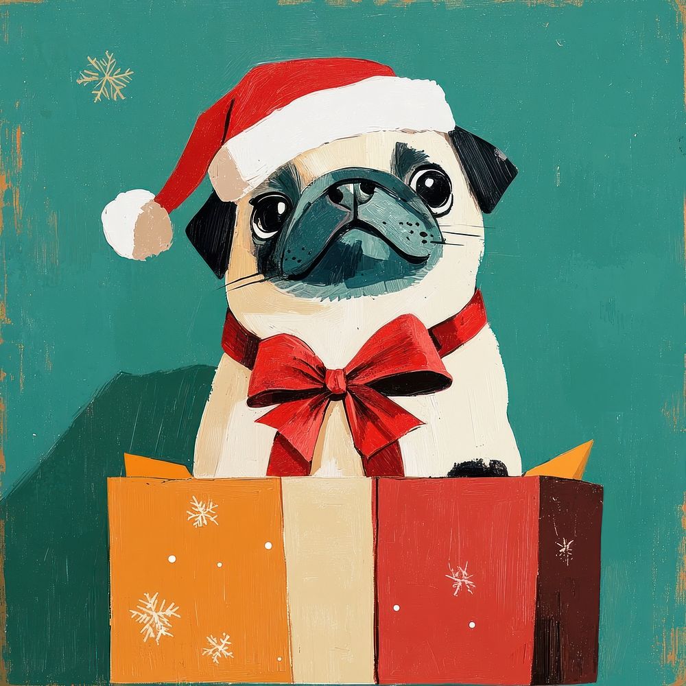 Pug tie a ribbon bow pop up on open box pug art illustration.