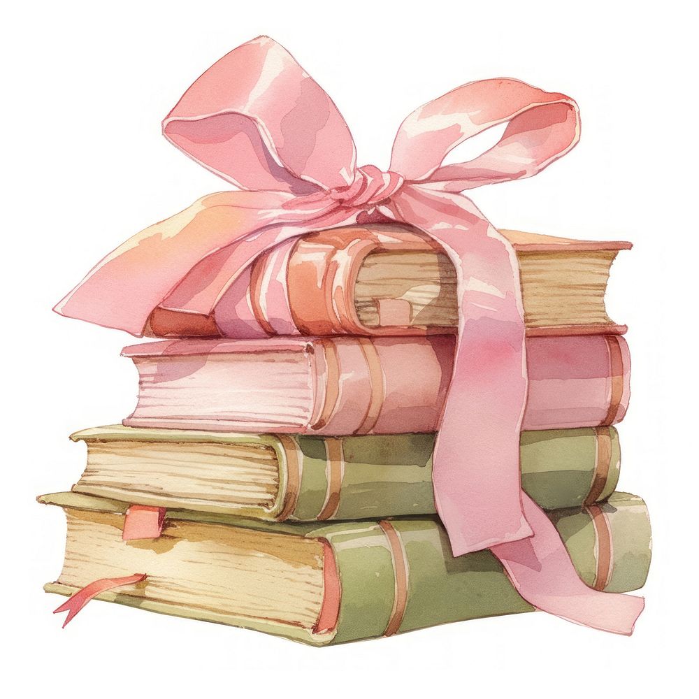 Coquette stack of books illustration watercolor ribbon.