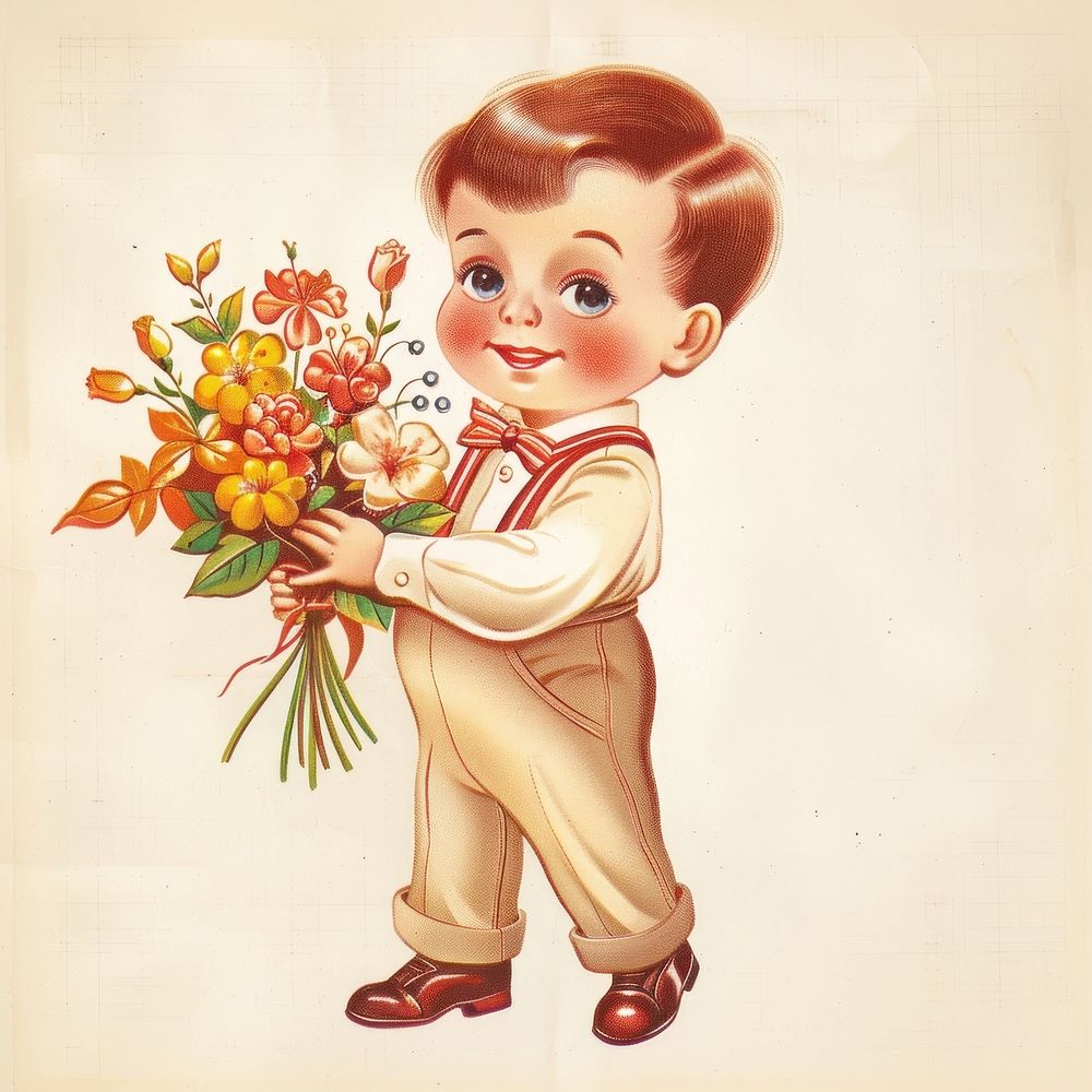 Vintage illustration of cute boy holding a flower bouquet flowers style art.