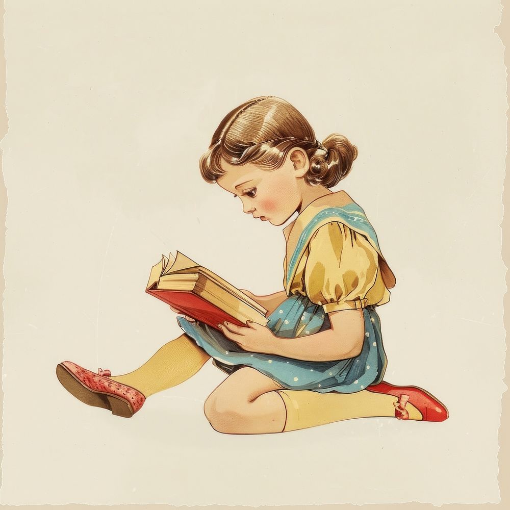 Vintage illustration of cute girl Reading a book reading style art.