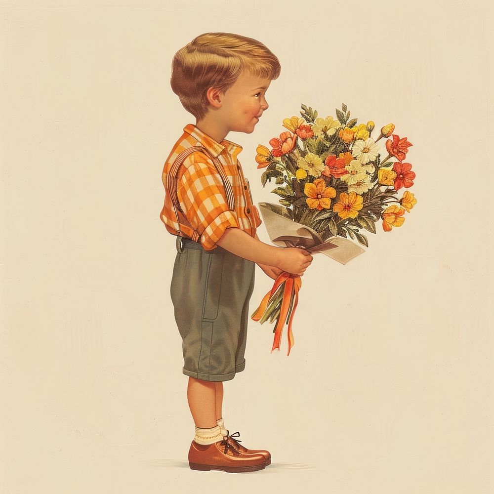 Vintage illustration of boy holding a flower bouquet flowers child photography.