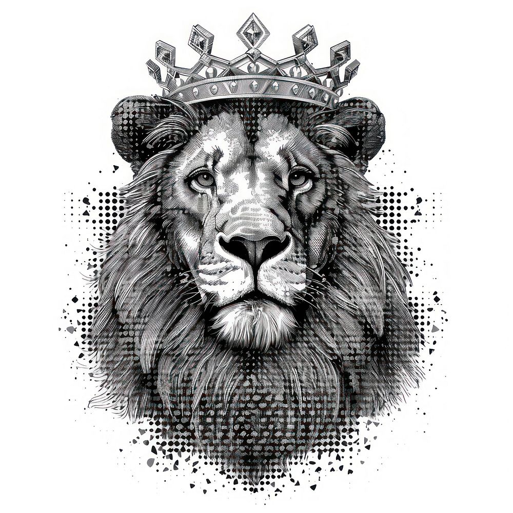 A lion wearing a crown of crystals art background wildlife.