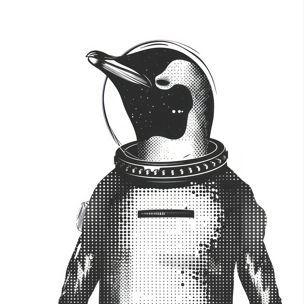 A penguin in a space suit animal black white.