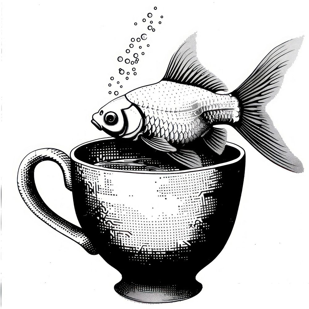 Goldfish swimming in a teacup black white art.