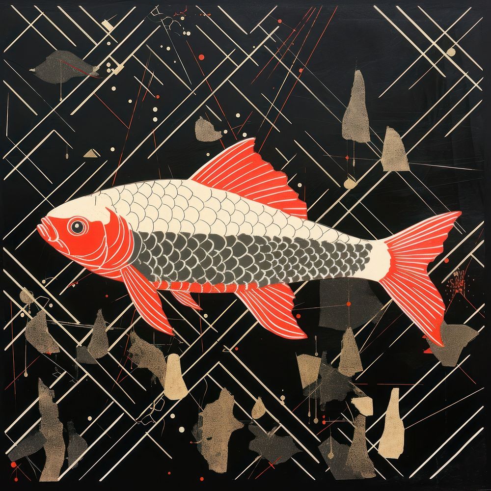 A koi fish swimming through a sea of geometric shapes pattern design art.