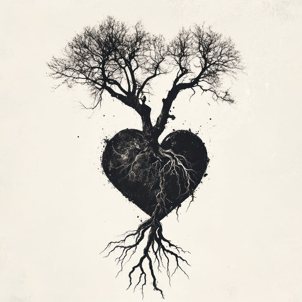 A tree with roots intertwined into a human heart nature black white.