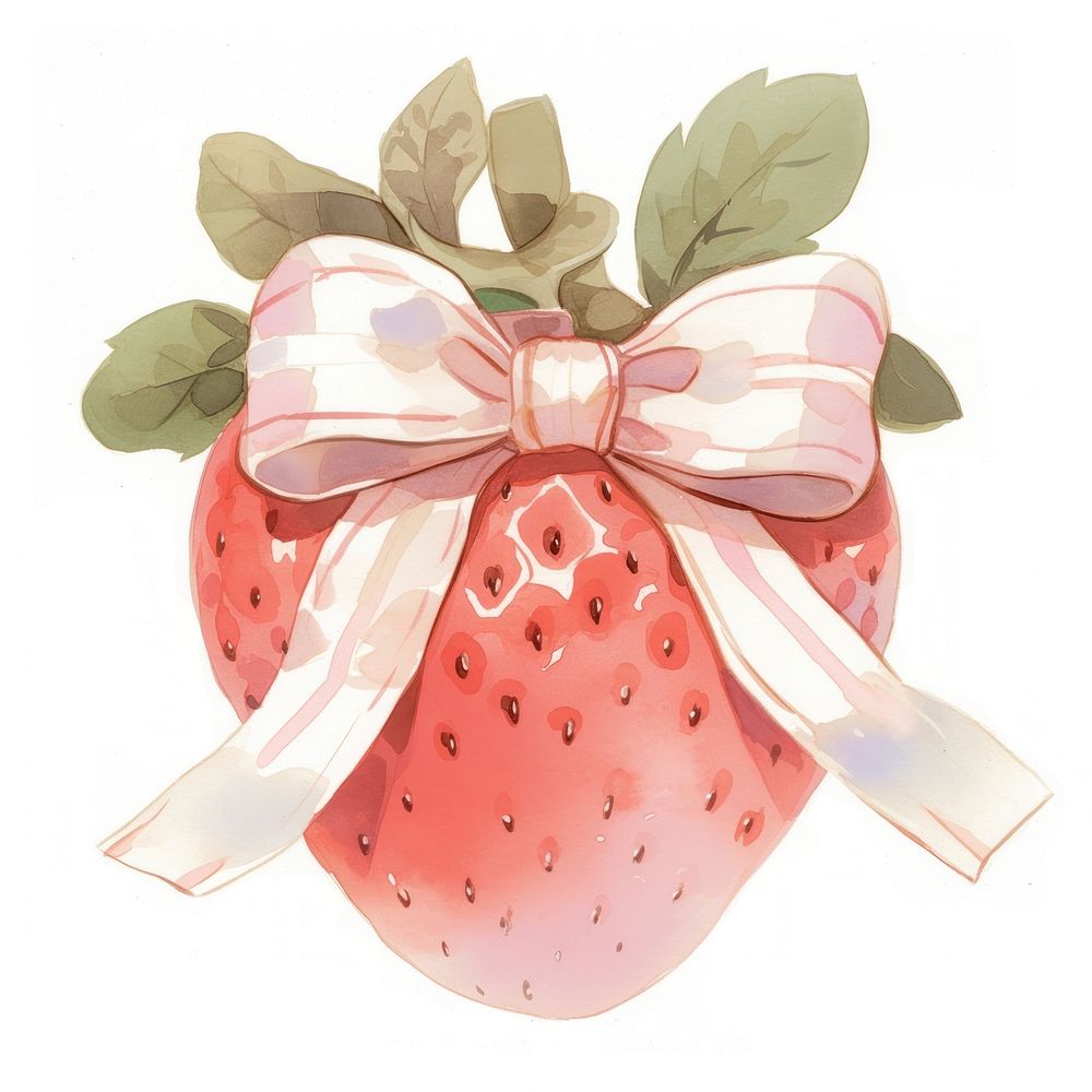 A strawberry tied with ribbon illustration watercolor fruit.