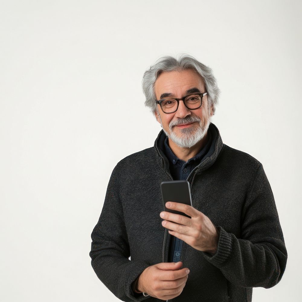 Mature man looking young and smart using smart phone looking at camera background happy white.