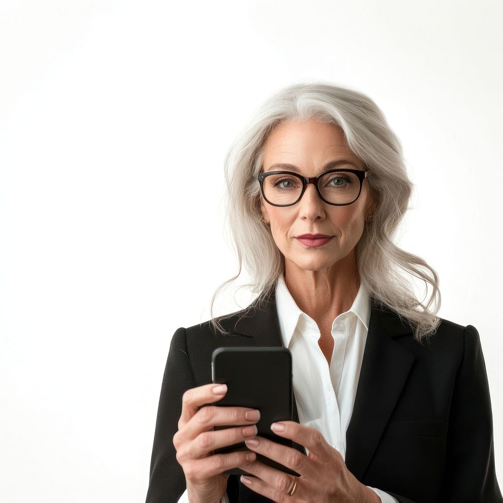 Mature white woman looking young and smart using smart phone looking at camera background glasses hair.