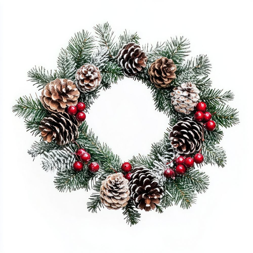 A Christmas wreath with pine cone and christmas cherry and snowy decoration christmas decorations christmas wreath.