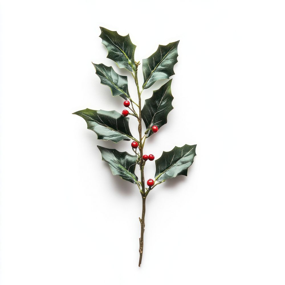 A festive snowy Christmas Holly leaves with christmas red berry leaf decoration berries.