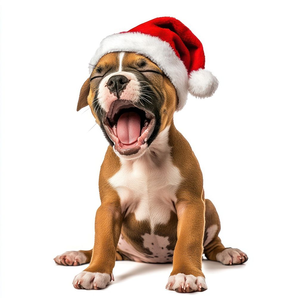 A barrier puppy yawning wearing christmas hat animal dog pet.