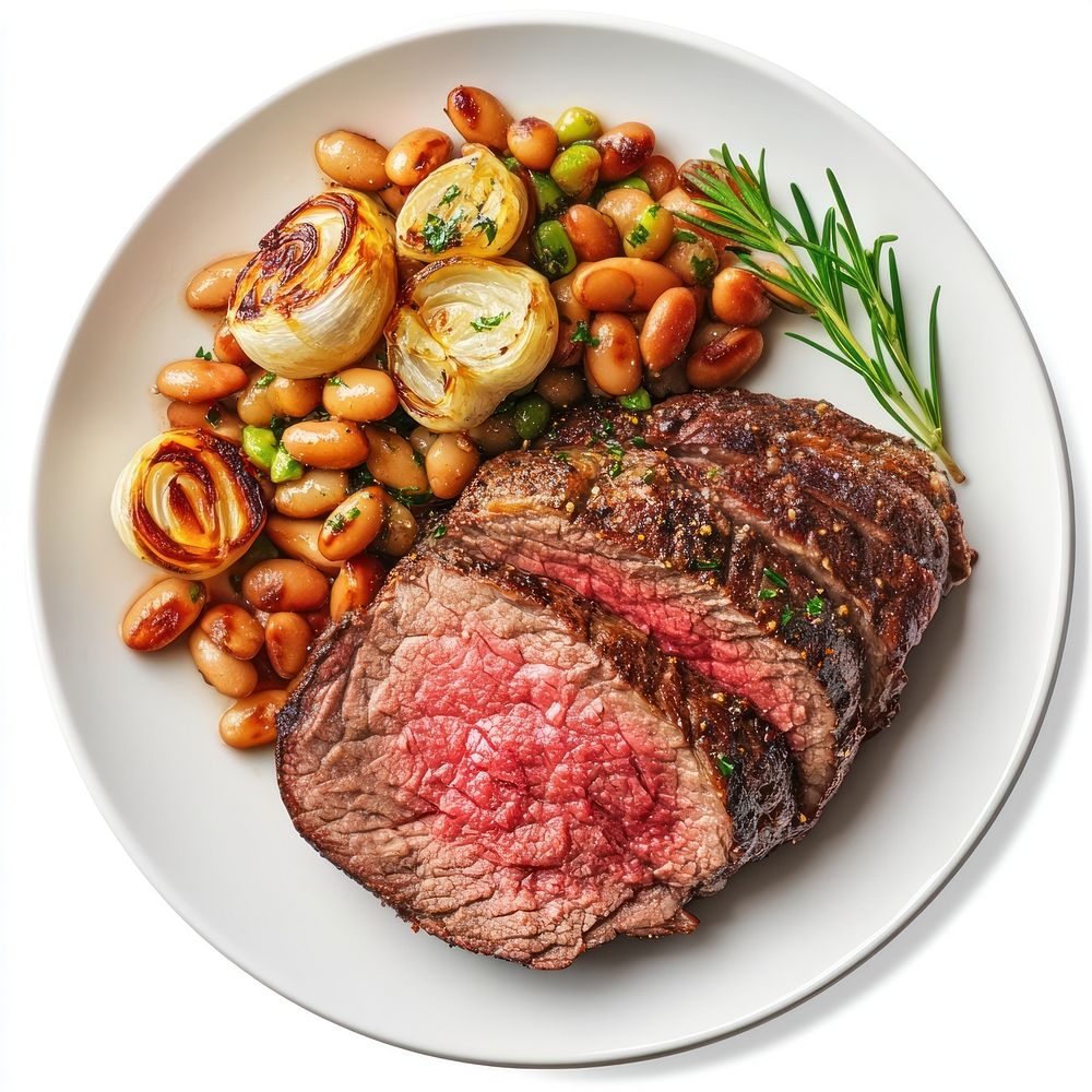 A roasted beef slice with roasted garlic and beans dish food photography plate.