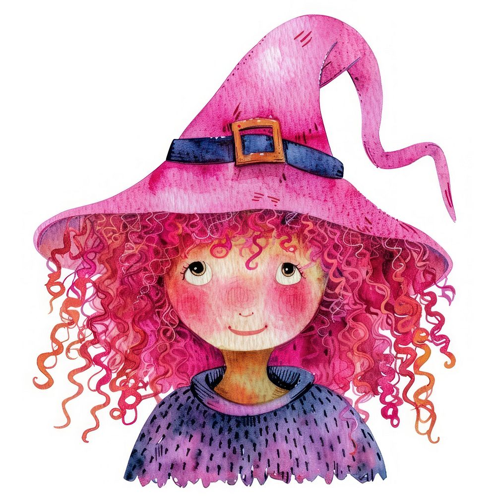 Halloween curly ginger hair kid wearing witch costume illustration watercolor theme.