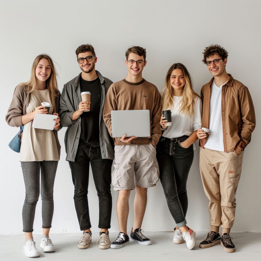 A group of happy young people person cups laptop.