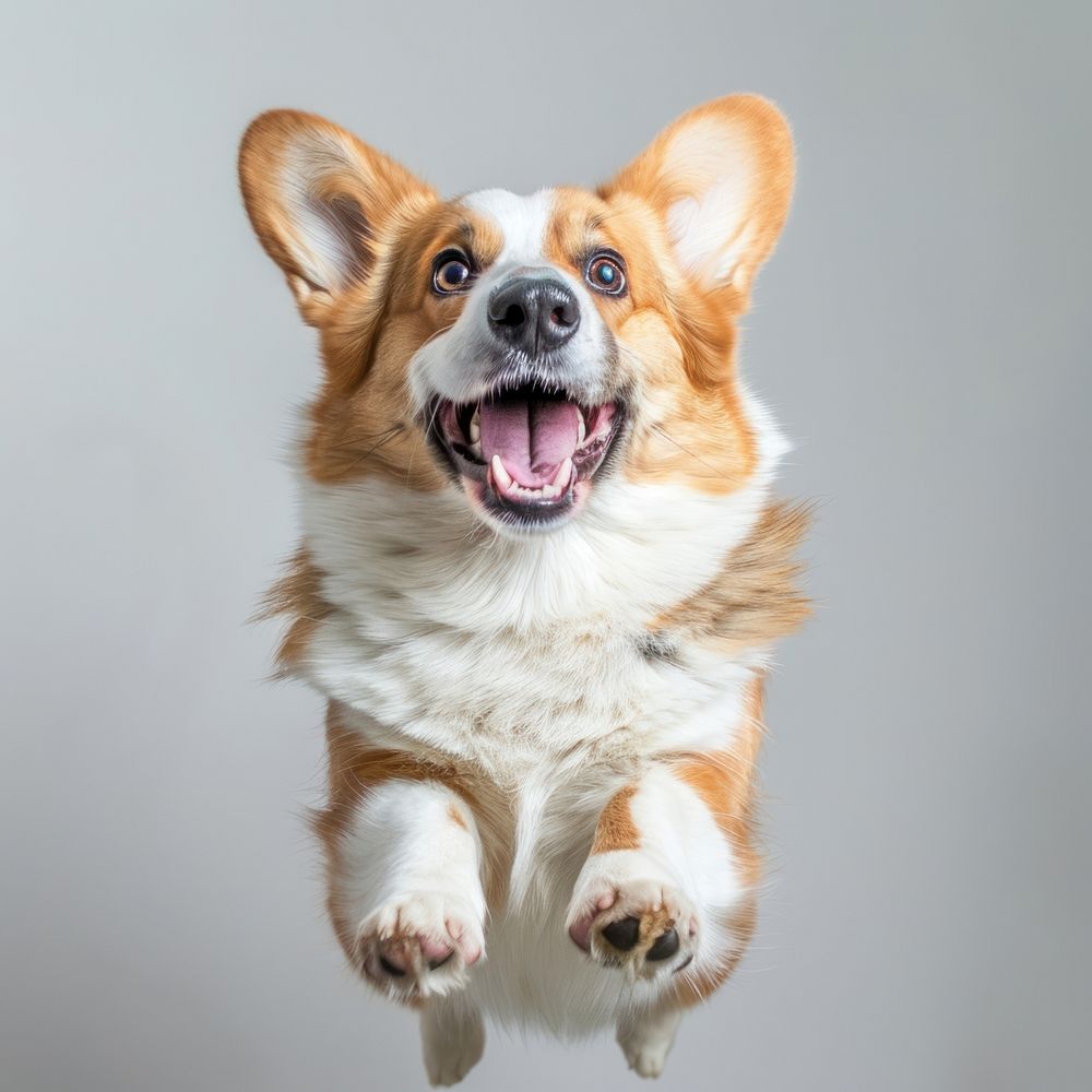 A Corgi dog is jumping up photography studio corgi.