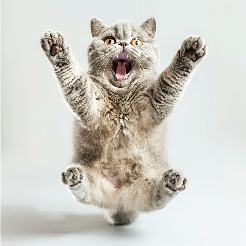 A light grey Scottish Fold cat is jumping up expression animal funny.