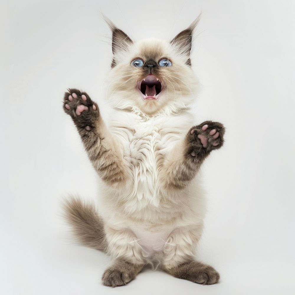 A Ragdoll cat is jumping up background expression animal.