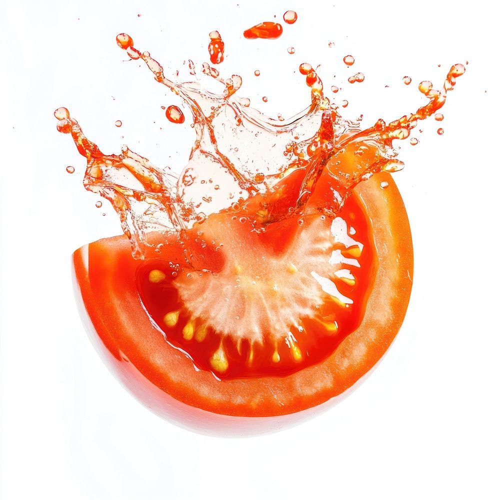 Exploding real half tomato vegetable produce colors.