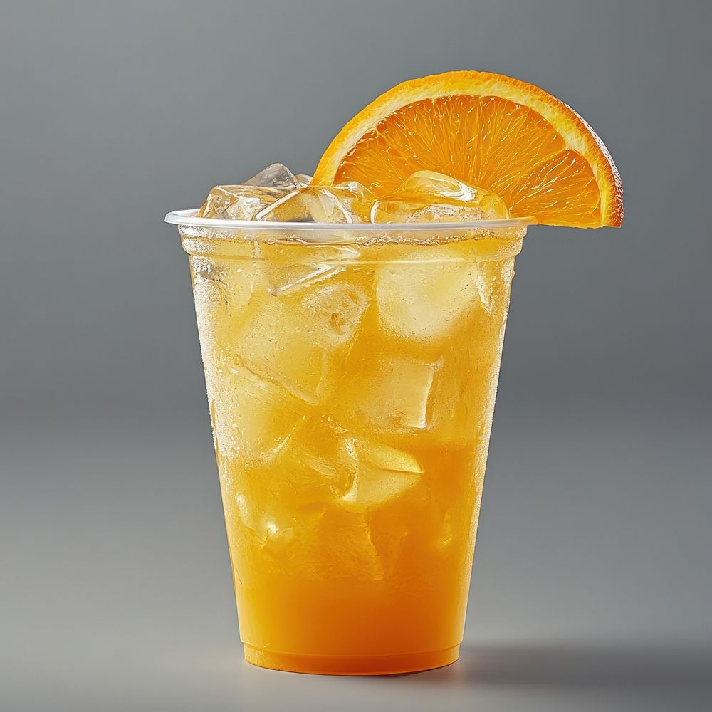 An isolated plastic cup of an ice americano coffee with orange juice at the bottle drink beverage refreshing.