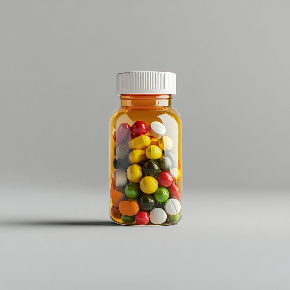 An isolated transparent three bottle full of capsule vitamin with vitamins pills around the bottle medication capsules…