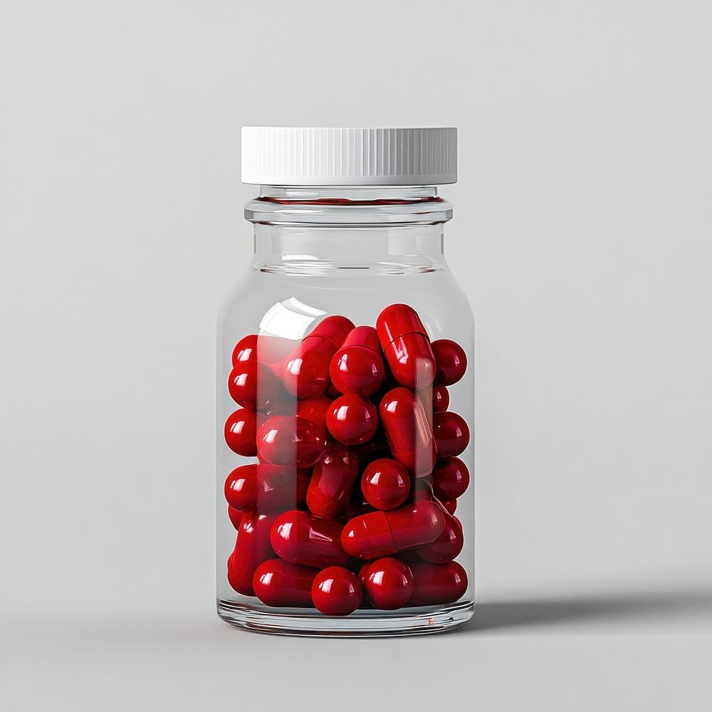 An isolated transparent bottle full of red capsule vitamin capsules jar pharmaceutical.