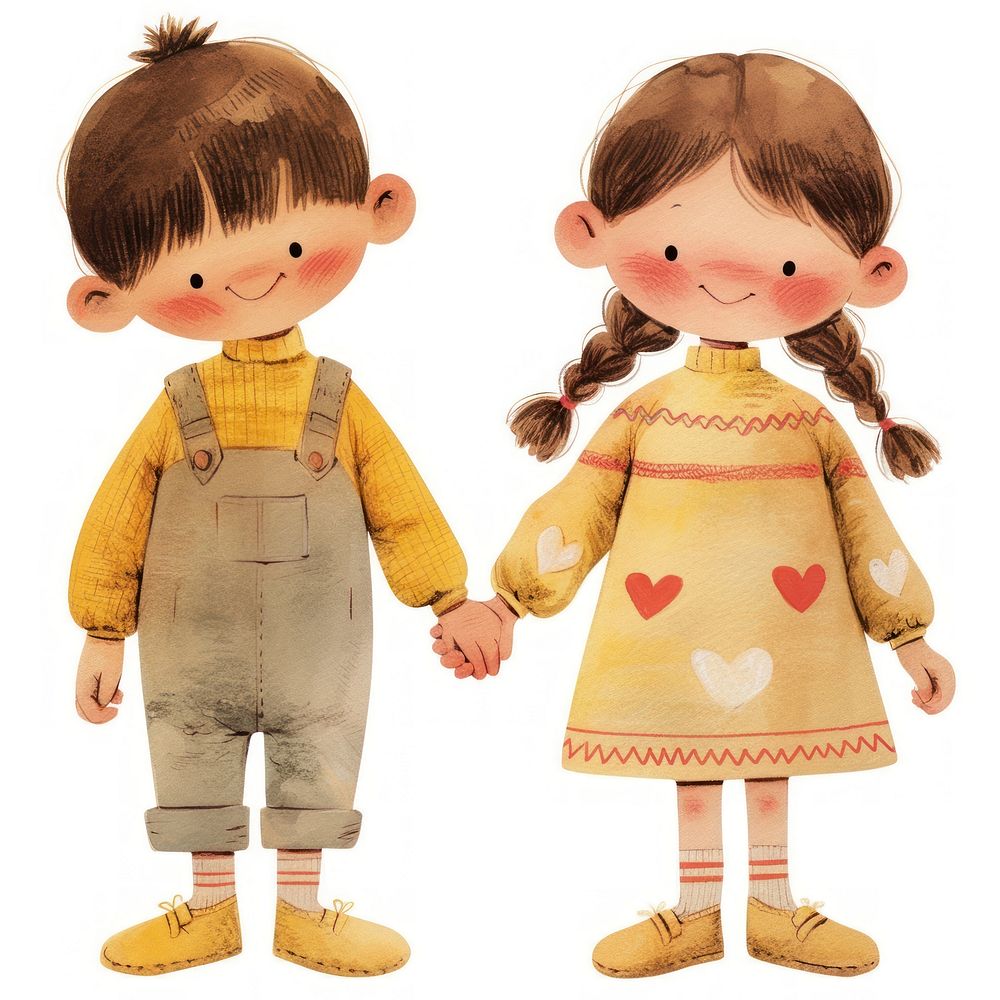 A cute boy and girl Holding hands illustration children holding.