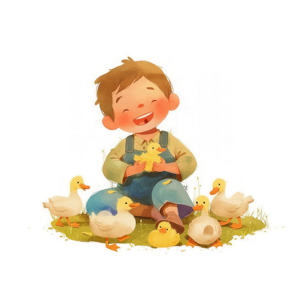 A cute boy Feeding duck art illustration watercolor.