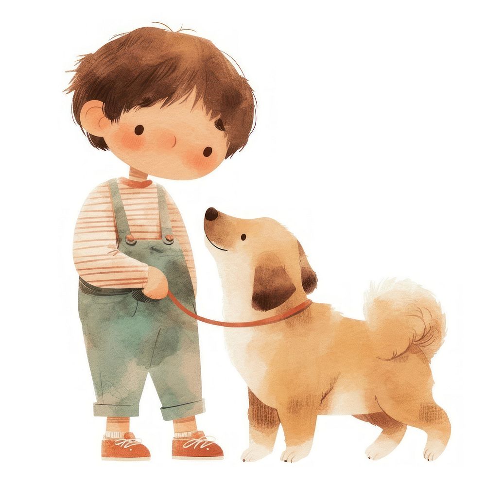 A cute boy Walking a dog illustration watercolor children's.