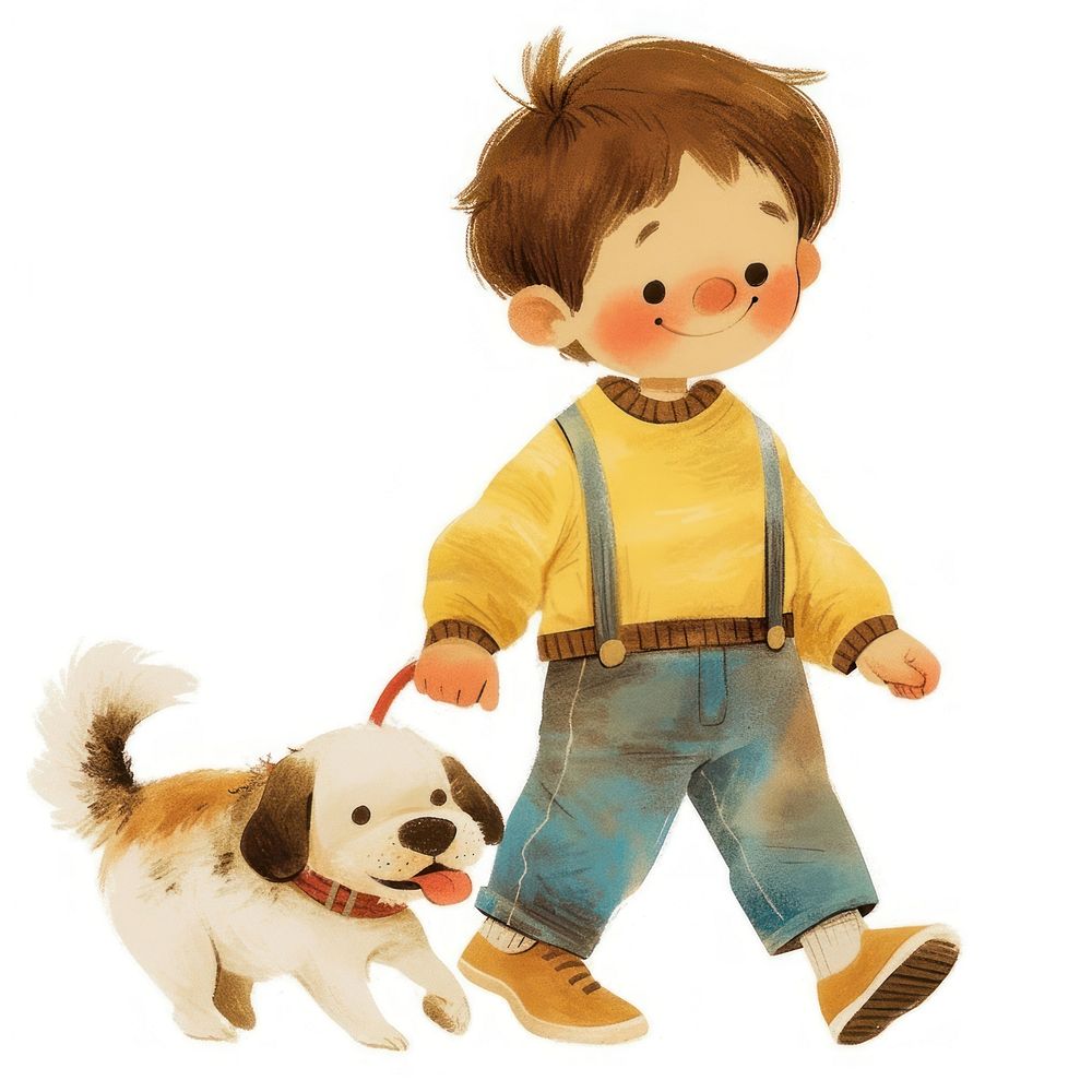 A cute boy Walking a dog illustration walking child.