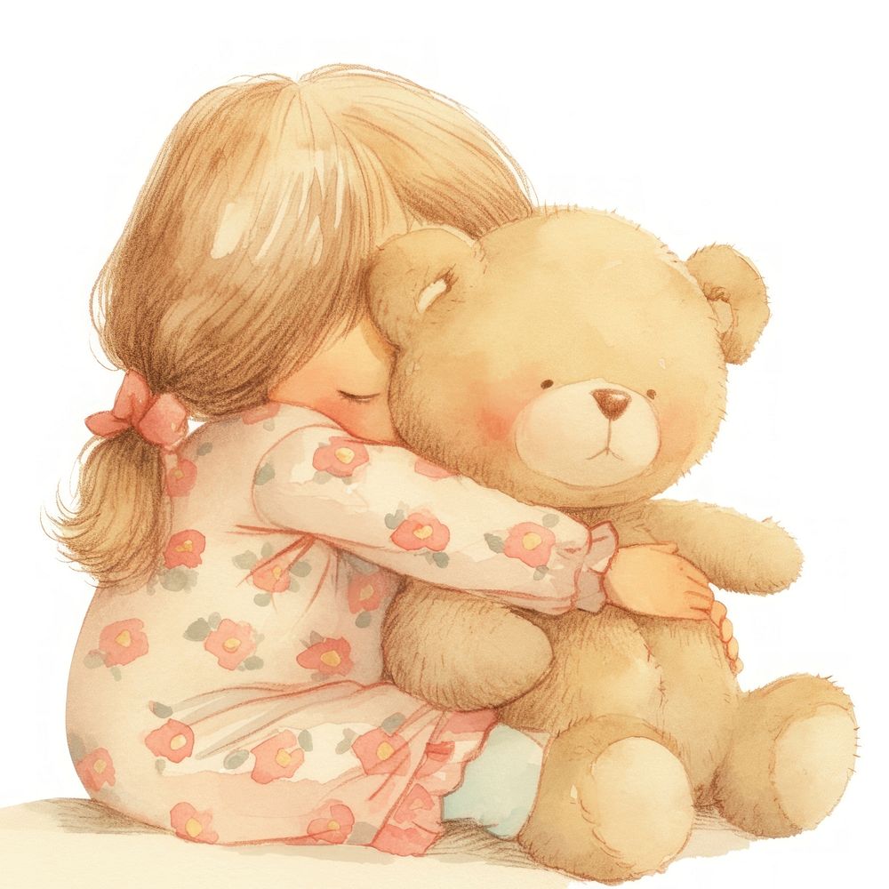 A cute girl Hugging a teddy bear illustration watercolor hugging.