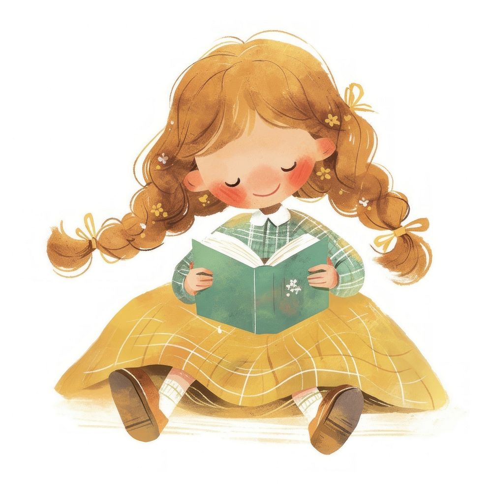 A cute girl Reading a book reading illustration children's.