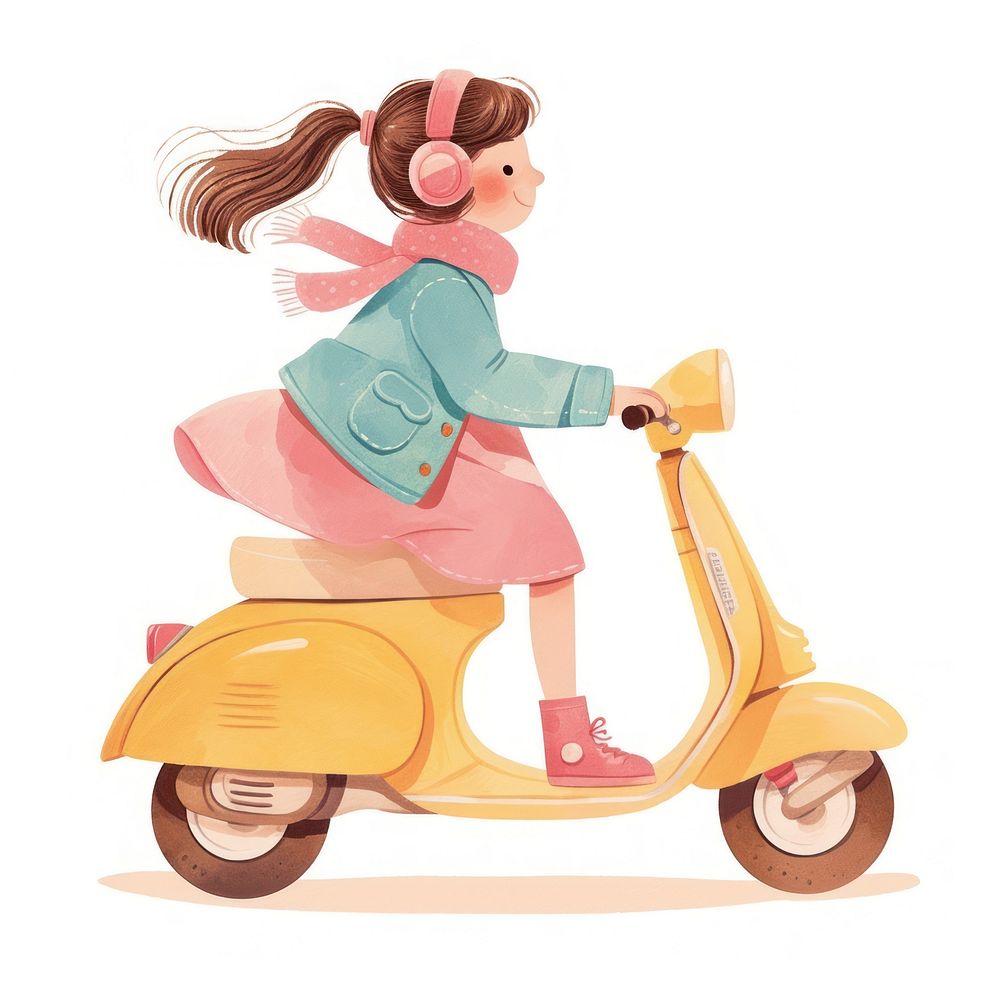 A cute girl Riding a scooter illustration children's pastel.