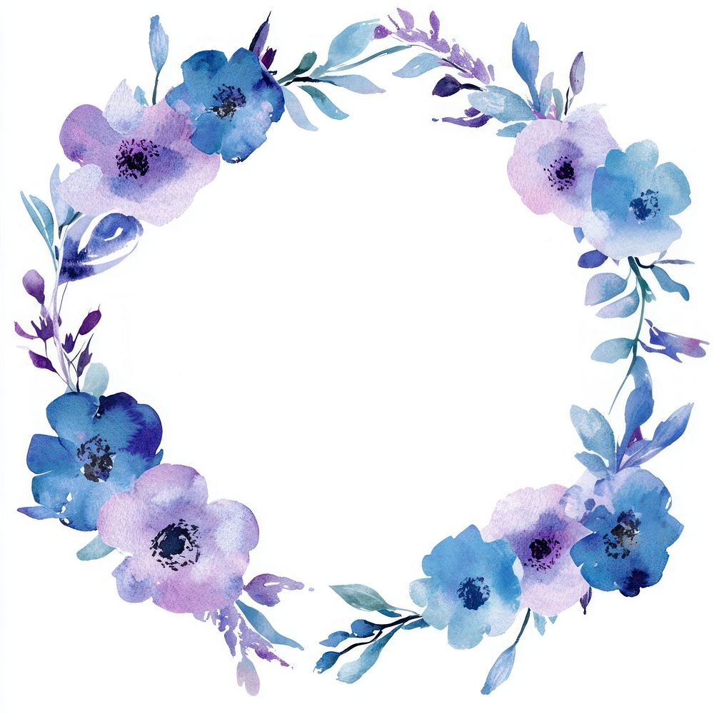 Blue and purple flowers circle frame art illustration watercolor.