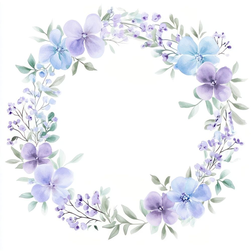 Blue and purple flowers circle frame art illustration watercolor.